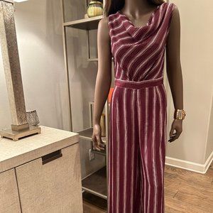 Zhu Vetta Burgundy & White Vertical Stripe Cowl Neck Backless Jumpsuit